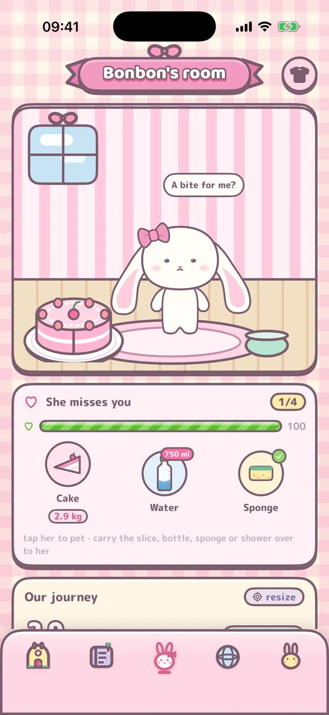 Bonbon's room: the bunny beside a cake, with care actions for cake, water and sponge.