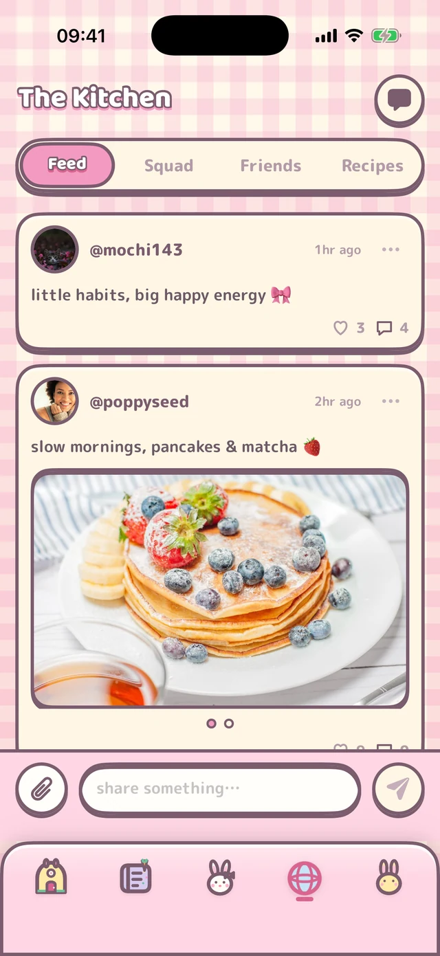 The Kitchen feed: friends' posts with a photo of pancakes and berries.