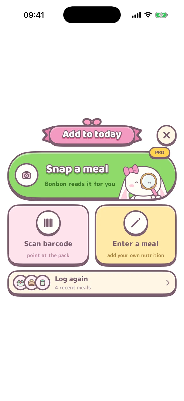 The add-to-today sheet: snap a meal, scan a barcode, or enter a meal by hand.