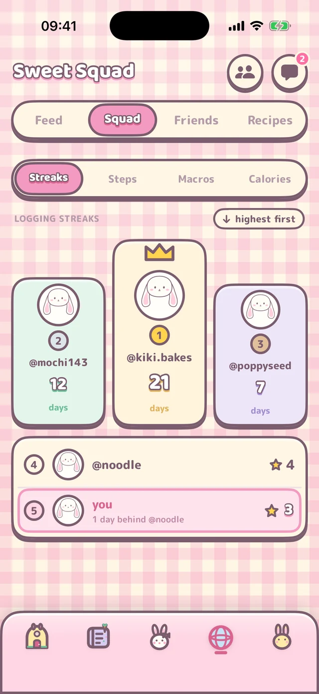 Sweet Squad competition: a podium of three friends ranked by streak, with your own row underneath.