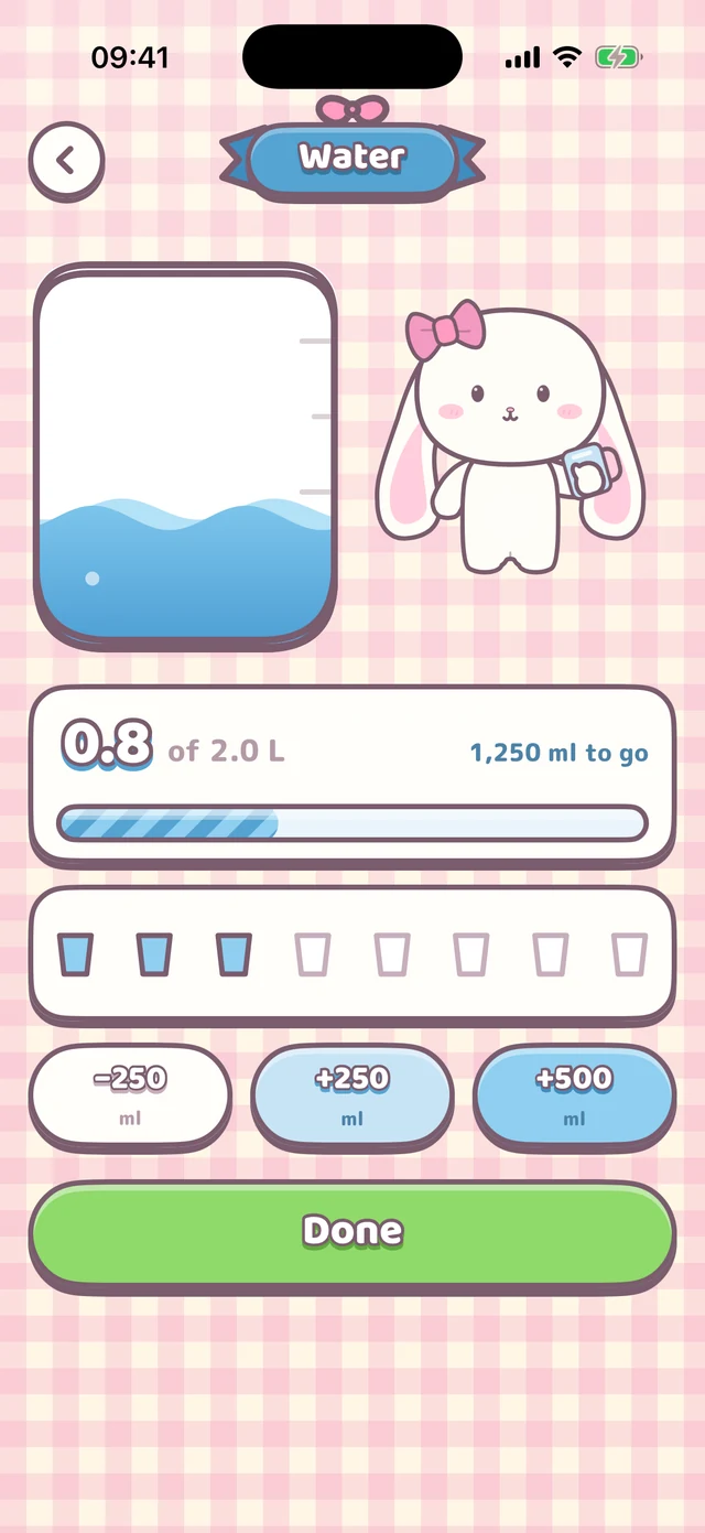 The water screen: 0.8 of 2 litres, a row of cups, and quick-add buttons.