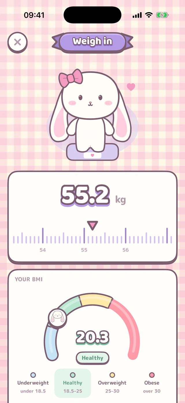 The weigh-in screen: a slider at 55.2 kg and a BMI dial reading 20.3, healthy.